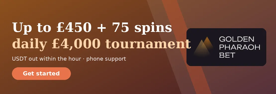 Golden Pharaoh Casino: Up to £450 + 75 free spins; daily £4,000 tournament